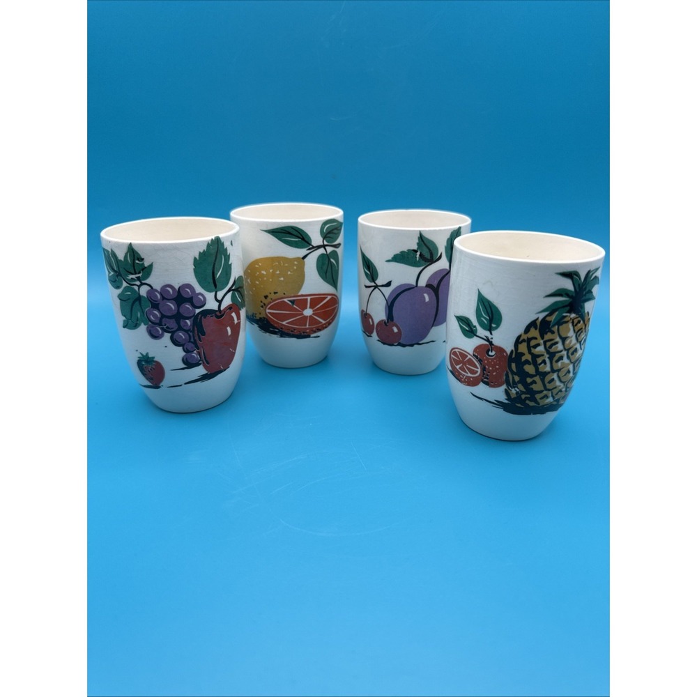 Vintage 60s Cups Juice Drinking Glasses Retro Fruit Pattern White Set‎ 4 Tumbler
